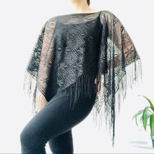 Black Lace Poncho Fringe Shawl